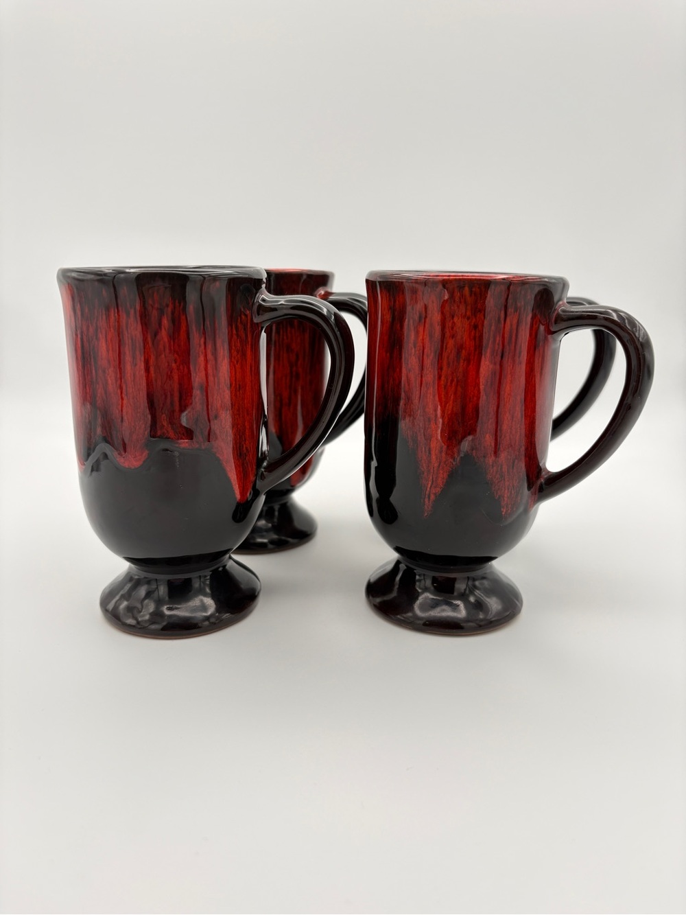 Four Pottery Mugs Irish Coffee Cups Black/Dark Brown with Orange Drip Glaze